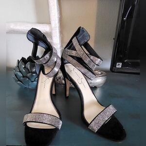 Jessica Simpson Black and Silver Strappy Heels